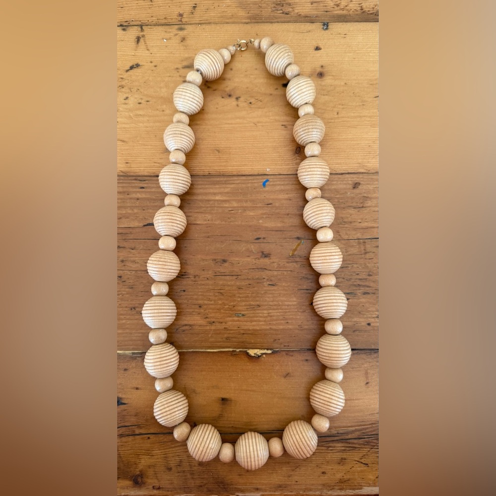 VTG Wooden Bead Necklace Boho Natural Statement Jewelry